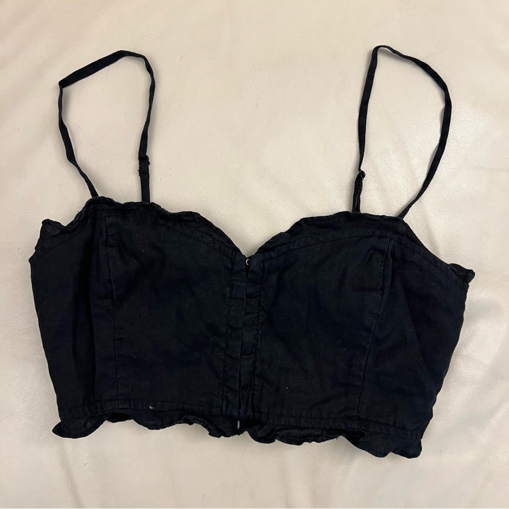 Aritzia Wilfred Black Linen Ruffles Cropped Blouse